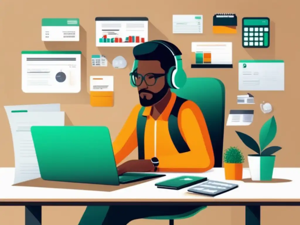Freelancer en escritorio organizado Freelancer en oficina minimalista con gestión financiera eficiente