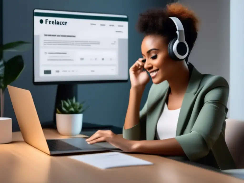 Freelancer en una oficina organizada con problemas de pago Freelancer en escritorio limpio con problemas de pagos y gestión de clientes morosos