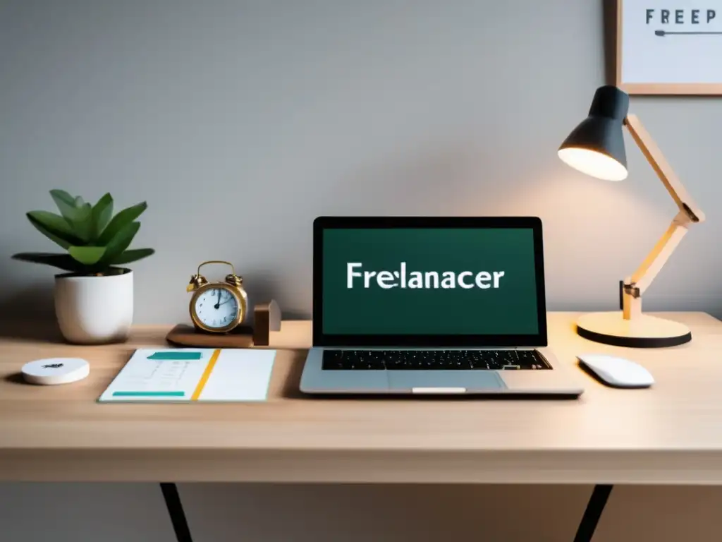 Espacio de trabajo freelance organizado y minimalista Espacio de trabajo minimalista con escritorio ordenado y laptop mostrando gráfico de ingresos y gastos, además de jarra de ahorros y reloj