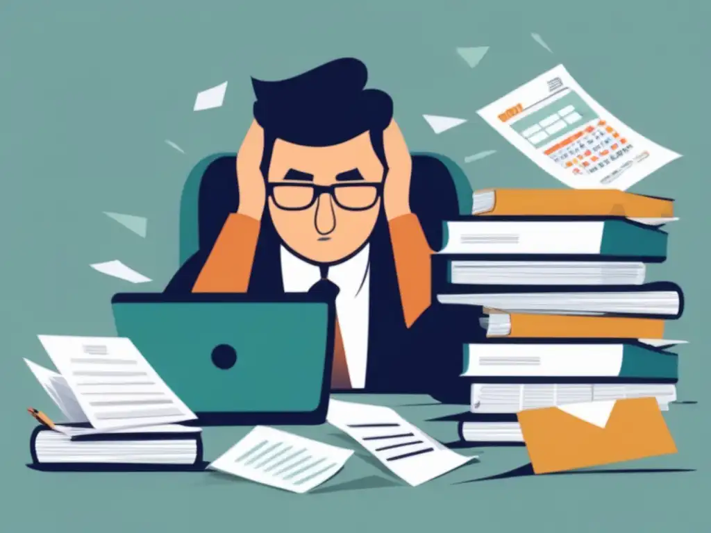 Freelancer estresado en escritorio desordenado Consecuencias de no pagar impuestos a tiempo: errores comunes de impuestos para freelancers
