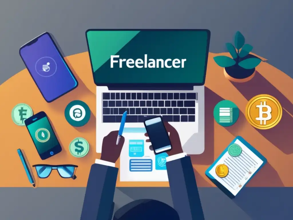 Freelancer con criptomonedas en su escritorio Imagen de freelancer con monedas digitales para gestionar finanzas