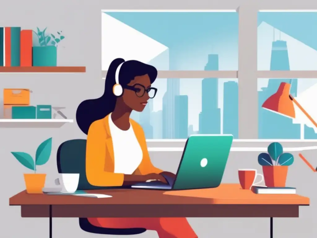 Freelancer trabajando en su escritorio Ilustración minimalista de un freelancer en su escritorio, rodeado de dispositivos digitales y herramientas