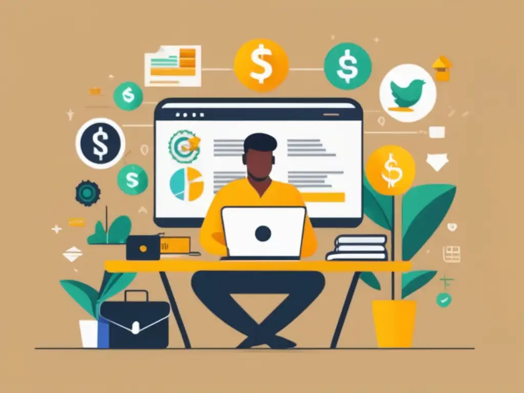Freelancer diversificando ingresos Ilustración minimalista de un freelancer trabajando en su escritorio rodeado de diversas fuentes de ingresos, como símbolos de dinero, un gráfico de crecimiento, una maleta y un calendario