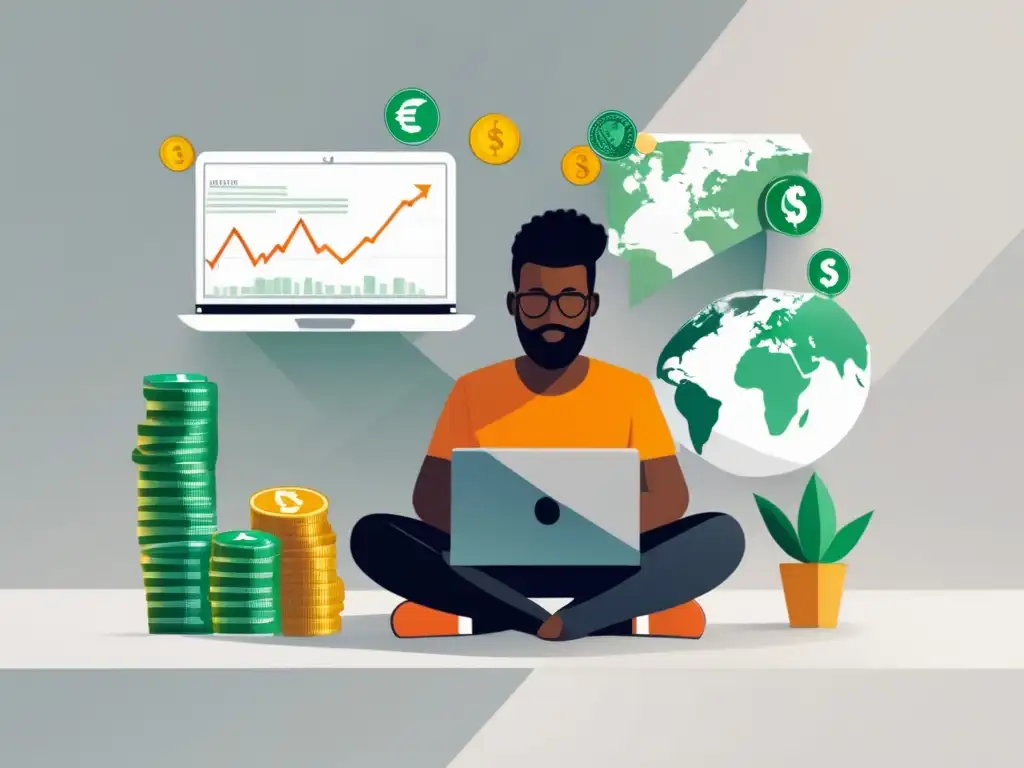 Freelancer diversificando ingresos en distintas monedas Freelancer en escritorio con laptop, gráfica de divisas y símbolos, resaltando protección de ingresos en mercado de divisas