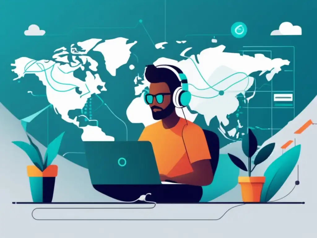 Freelancer trabajando en economía global Ilustración minimalista: estrategias financieras para freelancers en un entorno económico global en constante cambio