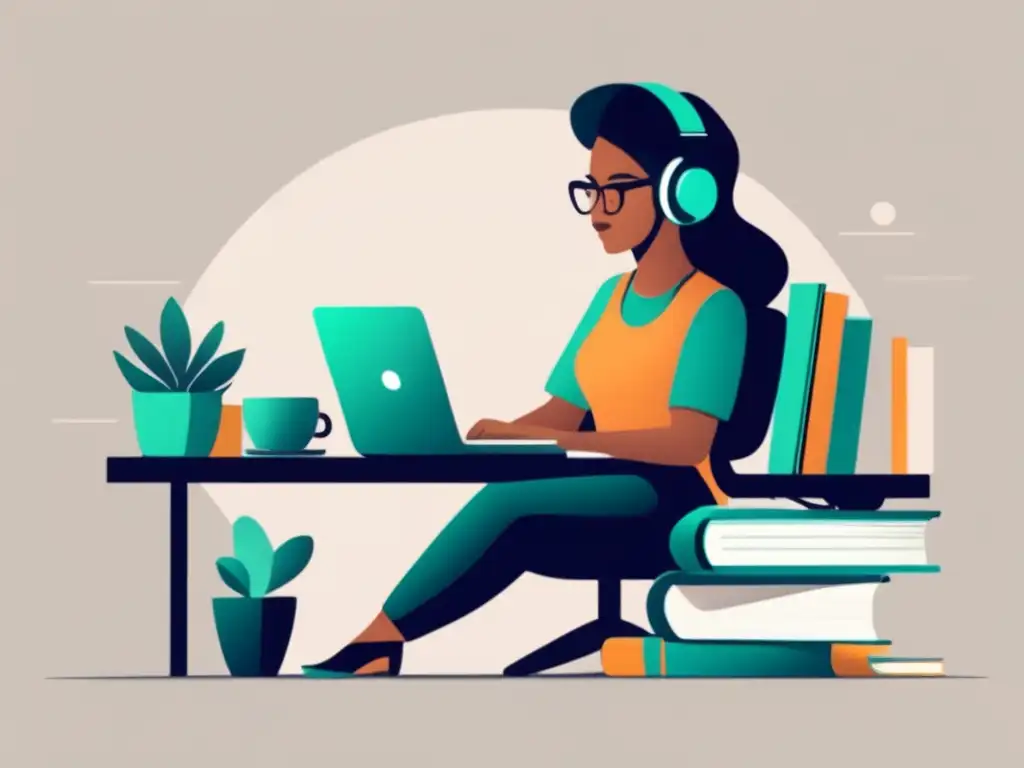 Freelancer independiente empoderado financiamente Ilustración minimalista de un freelancer rodeado de libros de finanzas, transmitiendo empoderamiento y control financiero