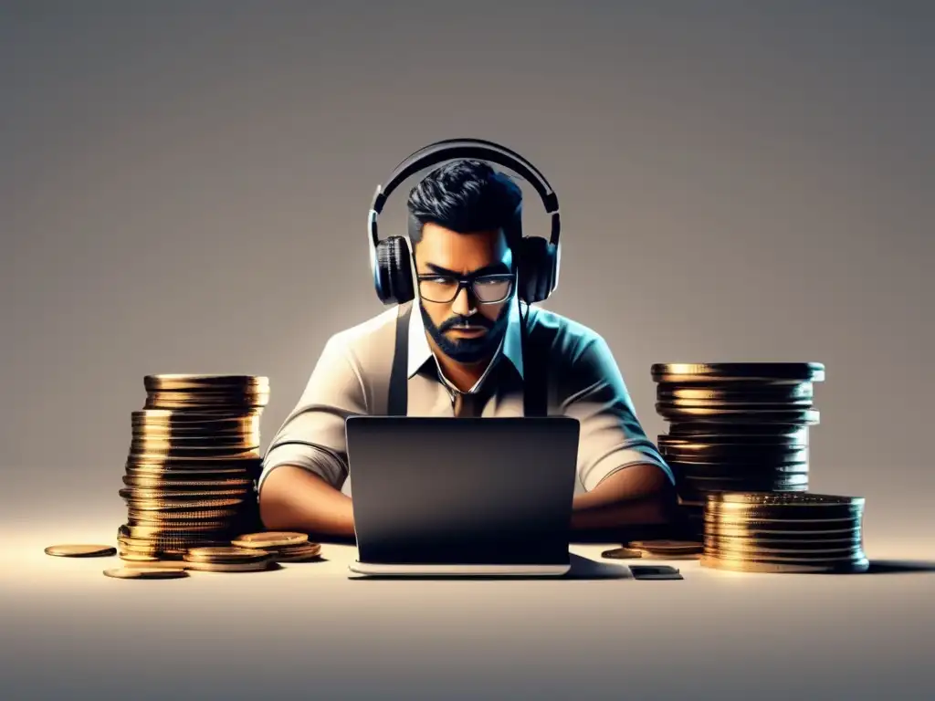 Freelancer concentrado con monedas y calculadora Freelancer enfocado en su trabajo, rodeado de monedas y calculadora