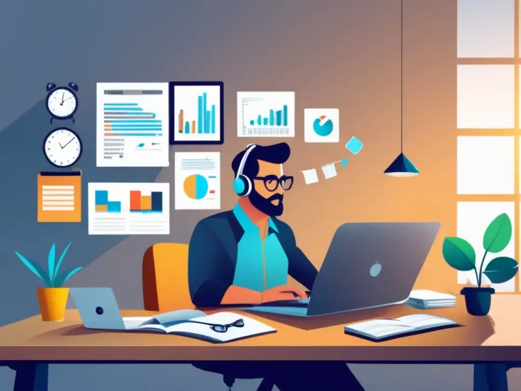 Freelancer eficiente en finanzas Imagen de freelancer en un escritorio moderno, enfocado en planificación financiera y gestión