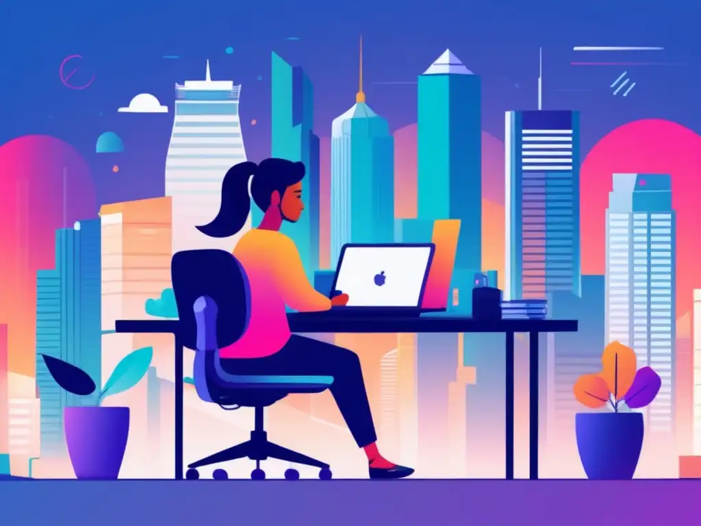 Freelancer en ciudad financiera asiática Ilustración minimalista de un freelancer en escritorio moderno en ciudad asiática