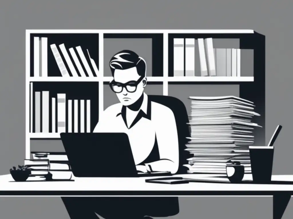 Freelancer concentrado en papeleo y formularios Freelancer concentrado en formularios fiscales, rodeado de papeleo y una laptop