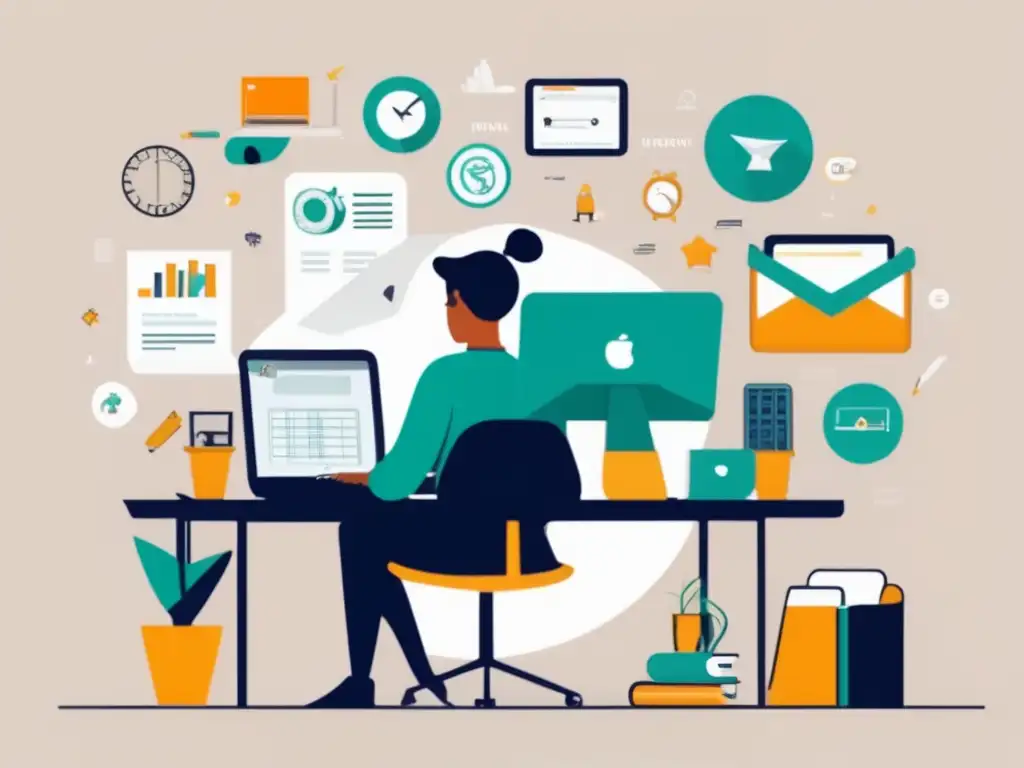 Freelancer trabajando con símbolos de desarrollo profesional Freelancer trabajando en un escritorio con símbolos de desarrollo profesional y entrenamiento
