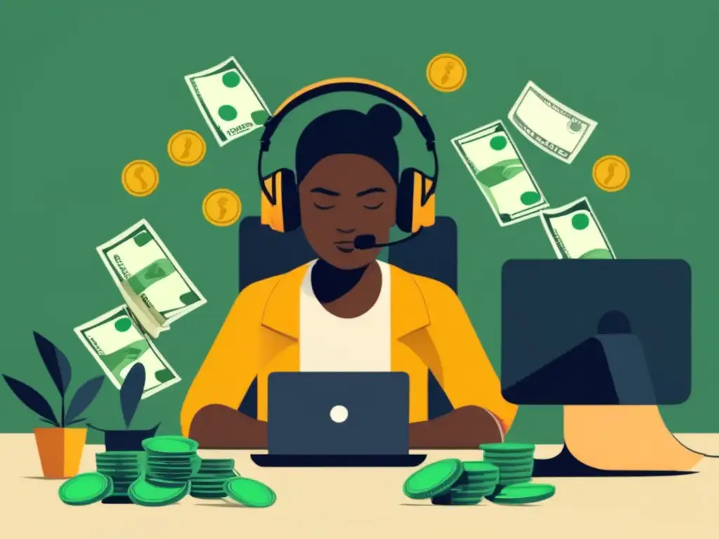 Desafíos financieros en el mundo freelance Ilustración minimalista de un freelancer en su escritorio rodeado de dinero