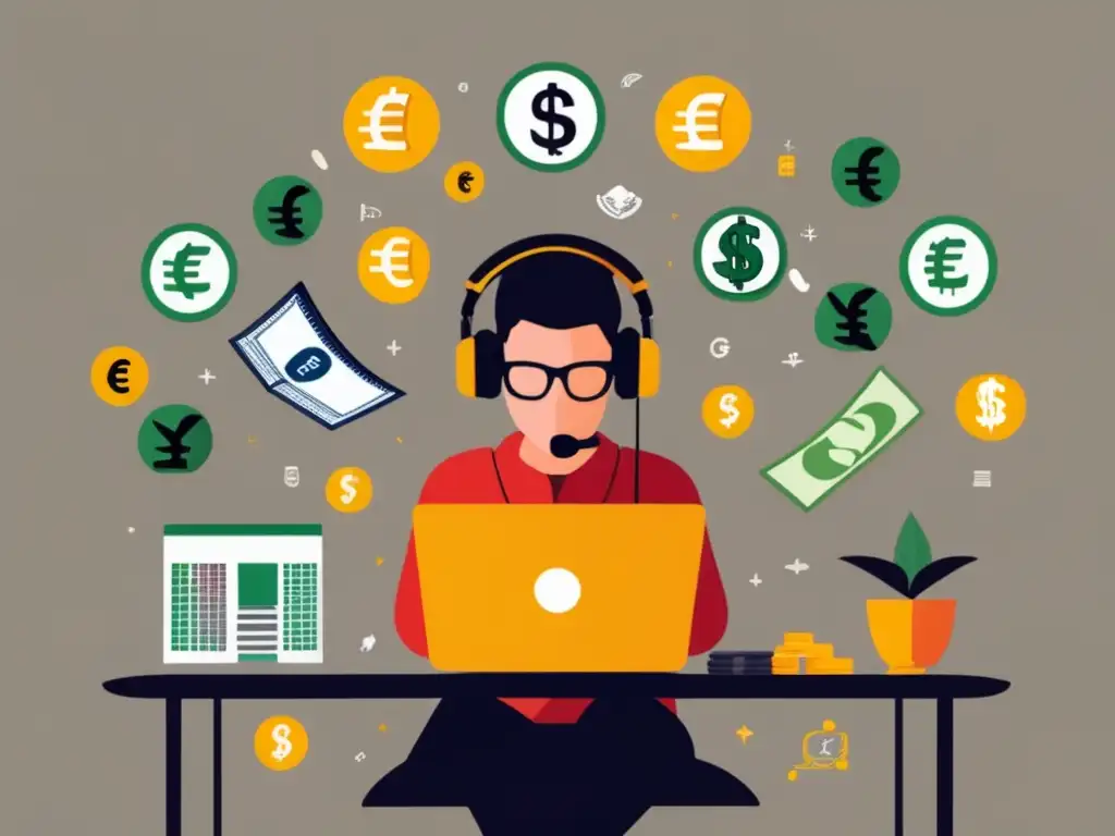 Freelancer gestionando ingresos en mercado forex Freelancer concentrado, protección de ingresos en mercado de divisas