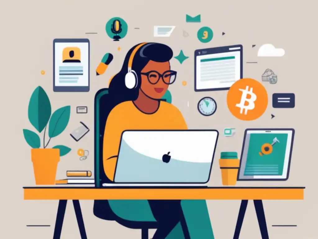 Freelancer monetizando blog y podcast Ilustración minimalista de un freelancer en su escritorio, con una laptop abierta frente a él