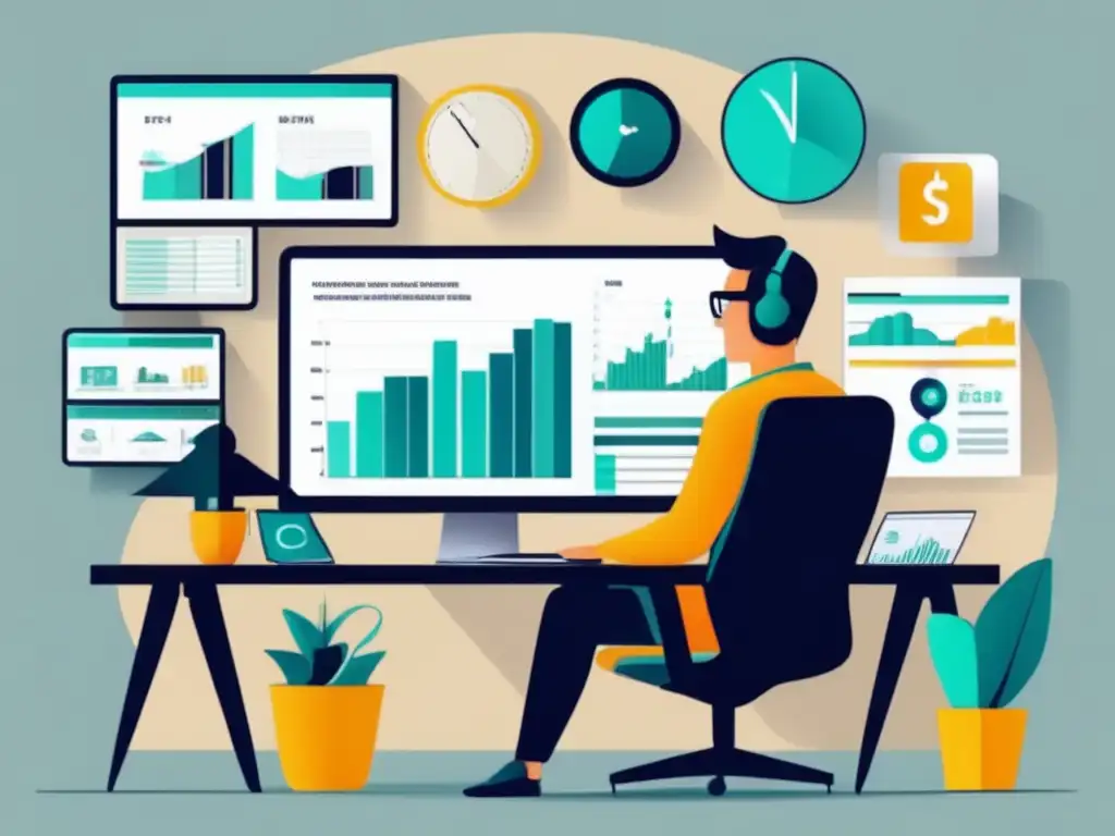 Freelancer analizando finanzas en su elegante escritorio Freelancer analizando riesgos financieros en su elegante escritorio