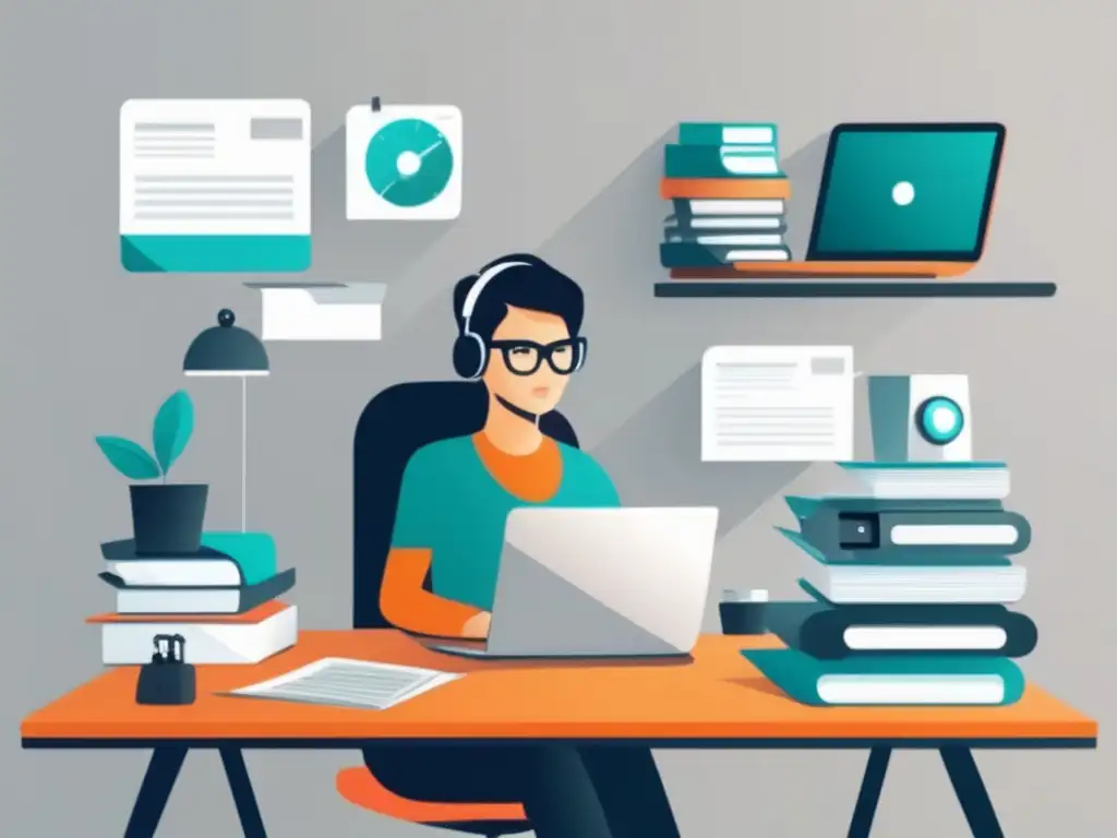 Espacio de trabajo minimalista para freelancer Freelancer en un escritorio minimalista con dispositivos y estrategias para ingresos pasivos