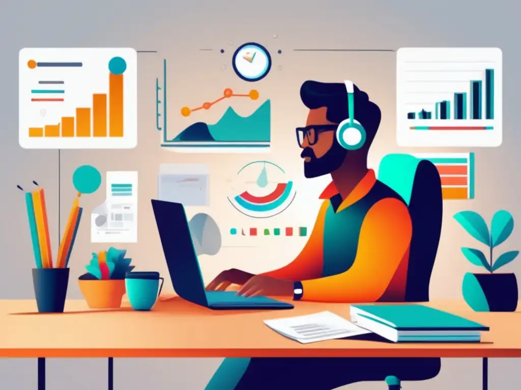 Freelancer en su escritorio minimalista Freelancer en un escritorio moderno, rodeado de objetos que simbolizan la investigación, conocimiento de mercado y análisis competitivo