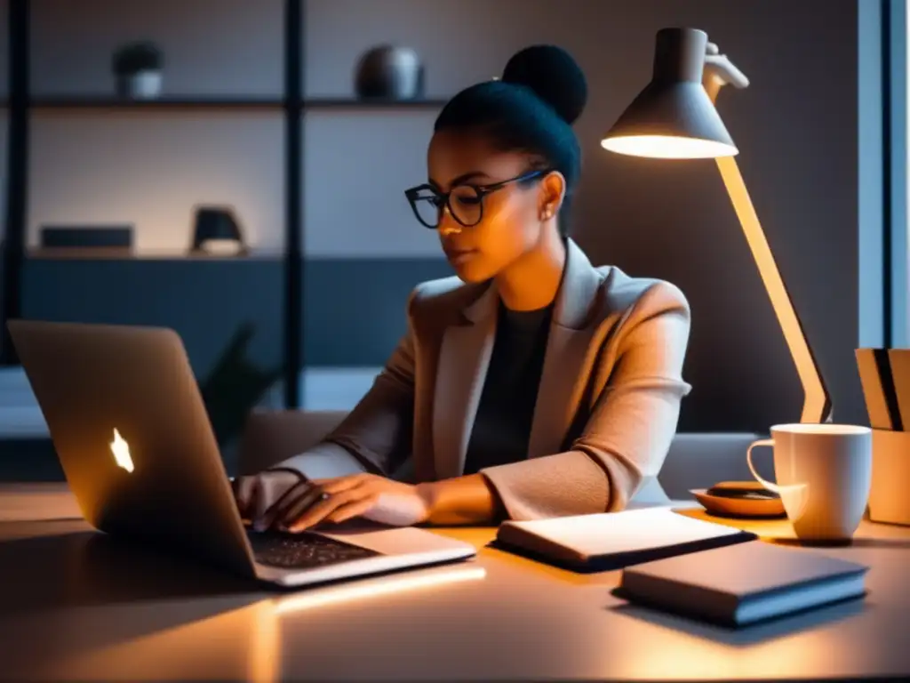 Freelancer trabajando en escritorio moderno Freelancer enfocado en trabajo, escritorio minimalista, luz cálida, profesionalismo