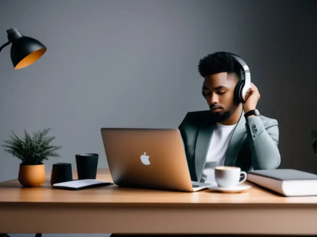 Freelancer en escritorio moderno Freelancer enfocado en su trabajo en un escritorio moderno y minimalista, representando tarifas adecuadas para freelancers