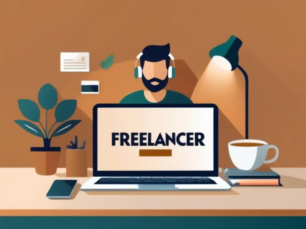 Freelancer trabajando en contenido Freelancer en escritorio minimalista, iniciando blog o podcast