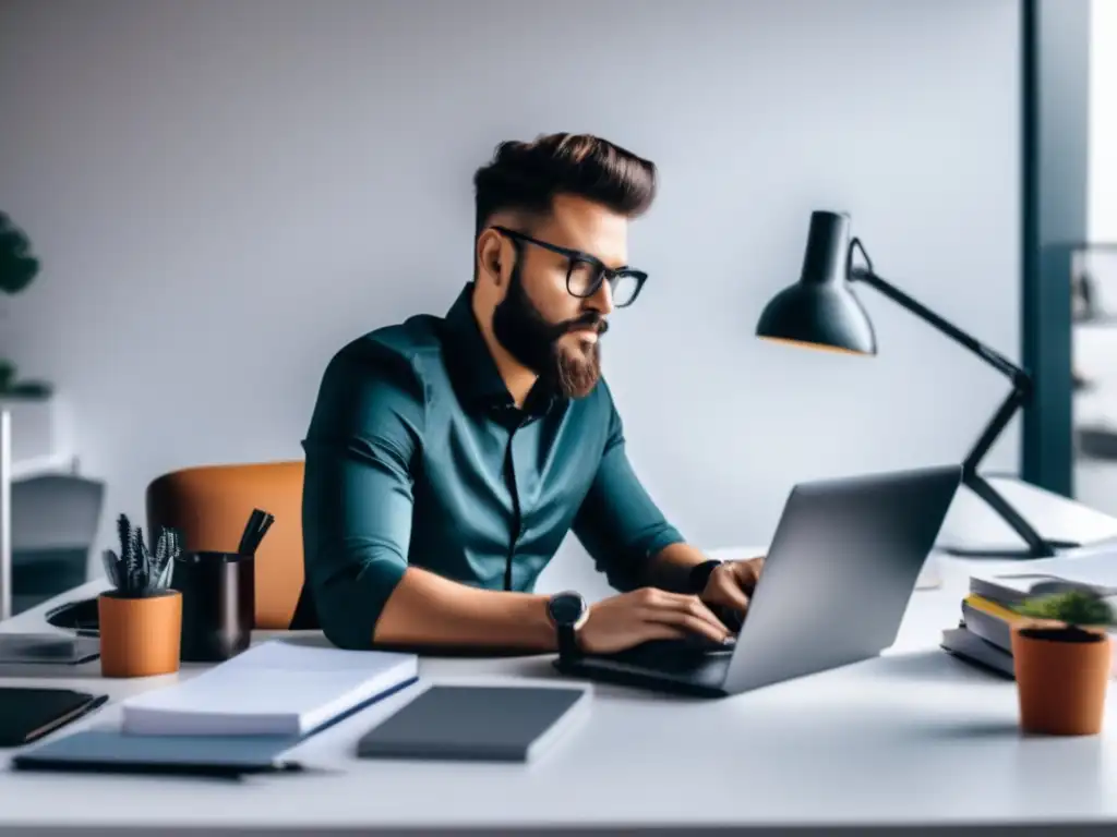 Freelancer en escritorio minimalista Freelancer en un escritorio moderno rodeado de herramientas para investigación de mercado y análisis de competidores