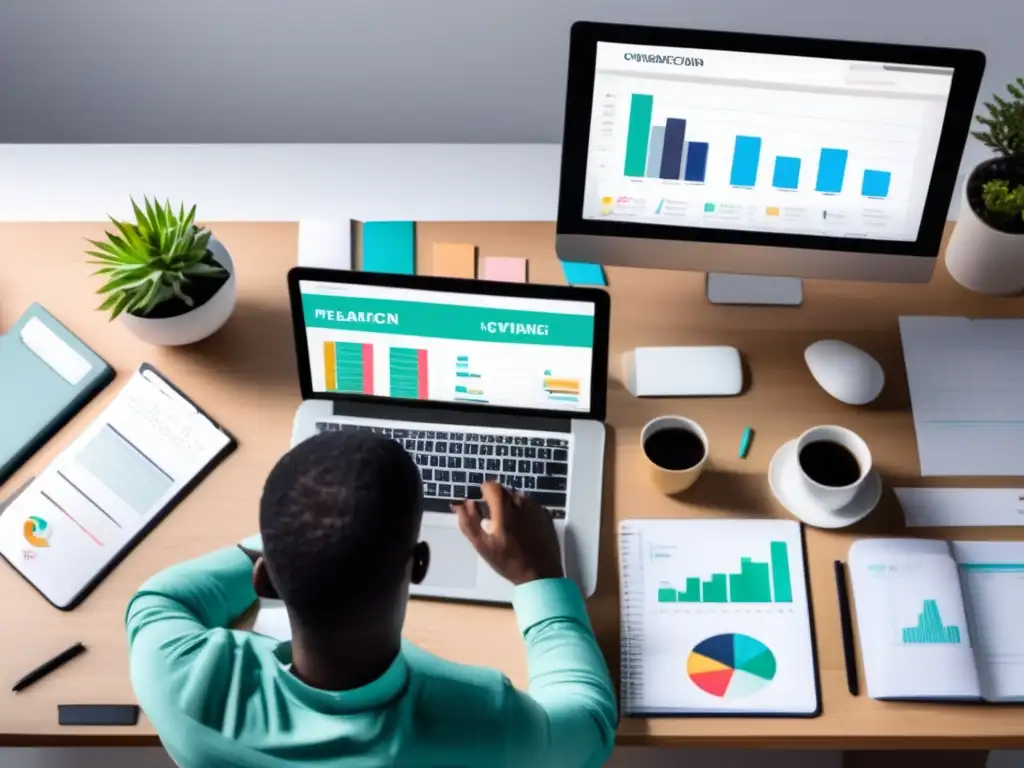 Espacio de trabajo del freelancer Freelancer con dispositivos digitales y escritorio organizado en ambiente luminoso y moderno