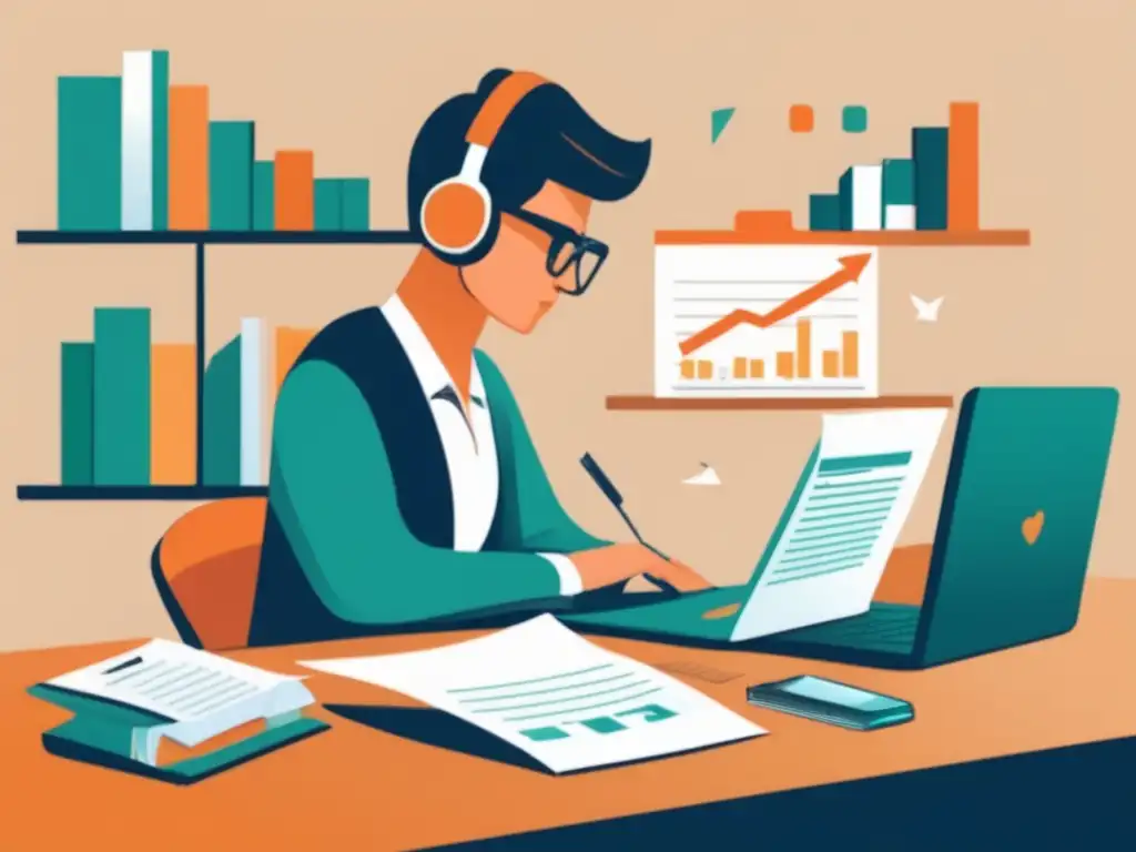 Ilustración minimalista de un freelancer organizado en su escritorio Ilustración minimalista: freelancer enfocado en escritorio con documentos y gráficos financieros, organizado y profesional