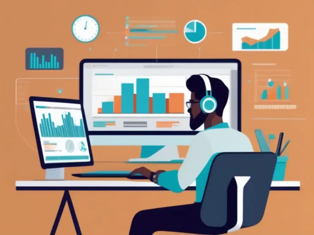Freelancer enfocado en su espacio de trabajo moderno Imagen de un freelancer en su escritorio, rodeado de pantallas que muestran datos y gráficos de análisis, trabajando en marketing de afiliados