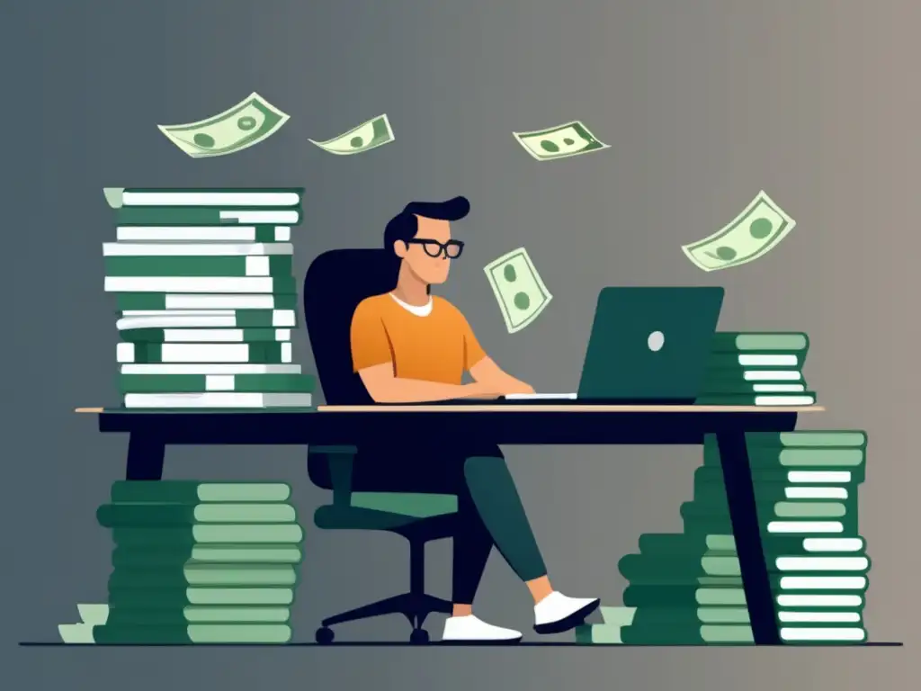 Freelancer estresado rodeado de dinero y documentos financieros Freelancer en gestión financiera: profesionalidad y equilibrio