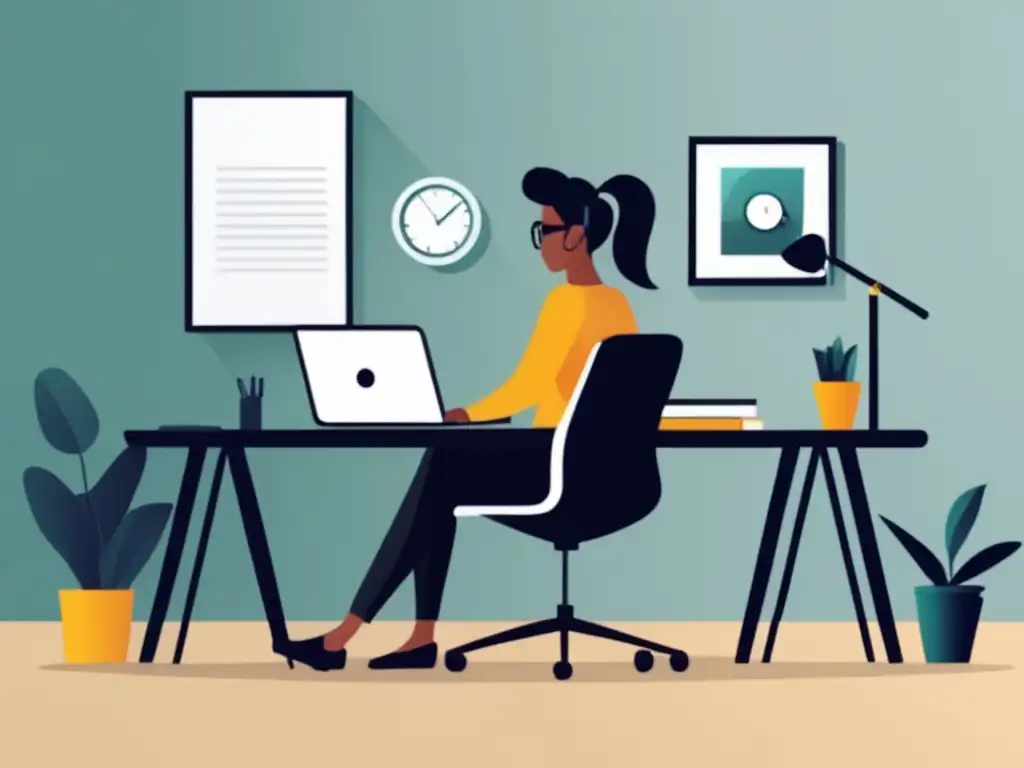 Freelancer trabajando en un espacio minimalista Ilustración minimalista: Gestión financiera para freelancers en un entorno de trabajo productivo y tranquilo