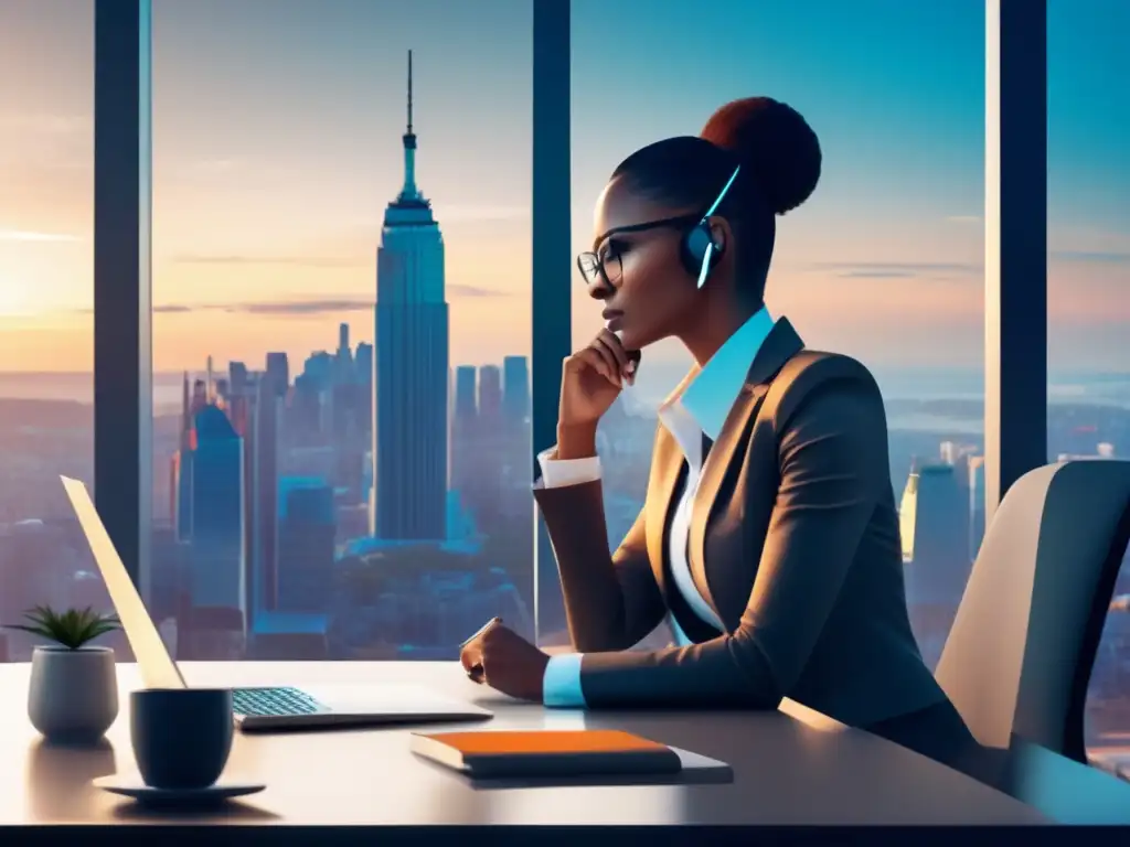 Freelancer negociando en su escritorio moderno Habilidades de negociación para freelancers en un escritorio moderno con vista a la ciudad