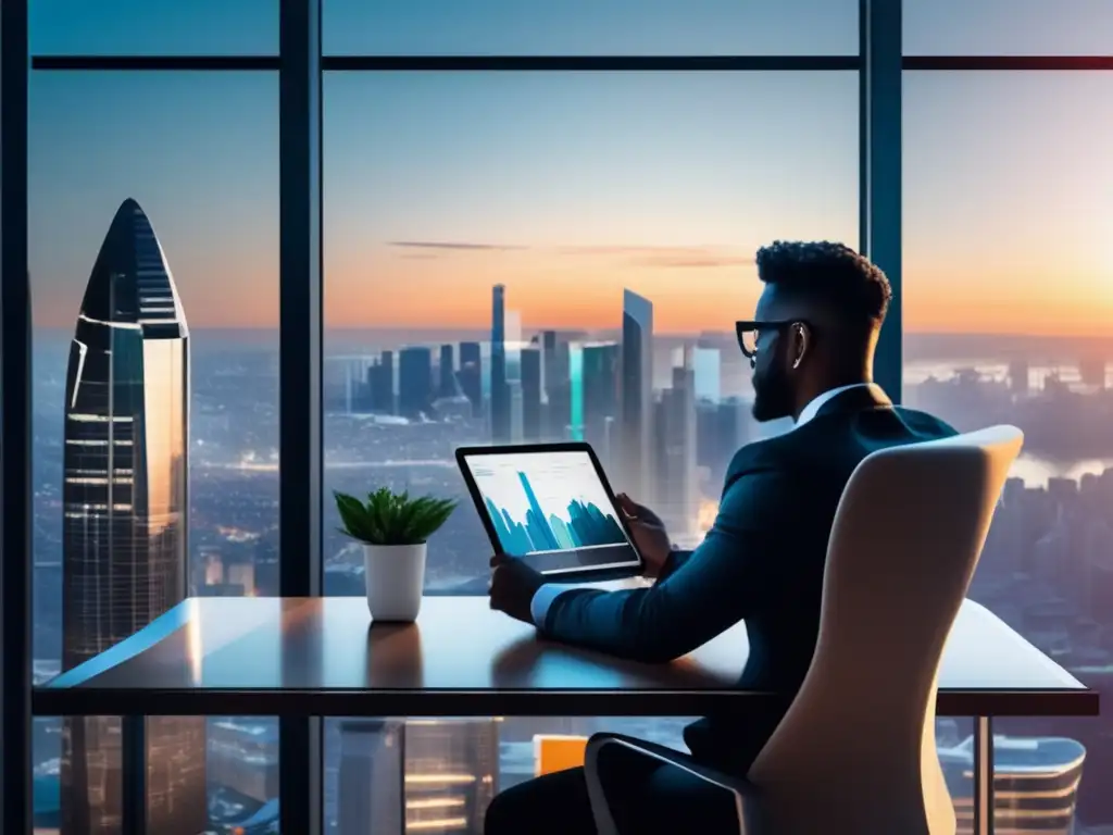 Freelancer analizando gráficos de inversión inmobiliaria Freelancer analizando estrategias de inversión inmobiliaria en moderno escritorio con vista panorámica de ciudad