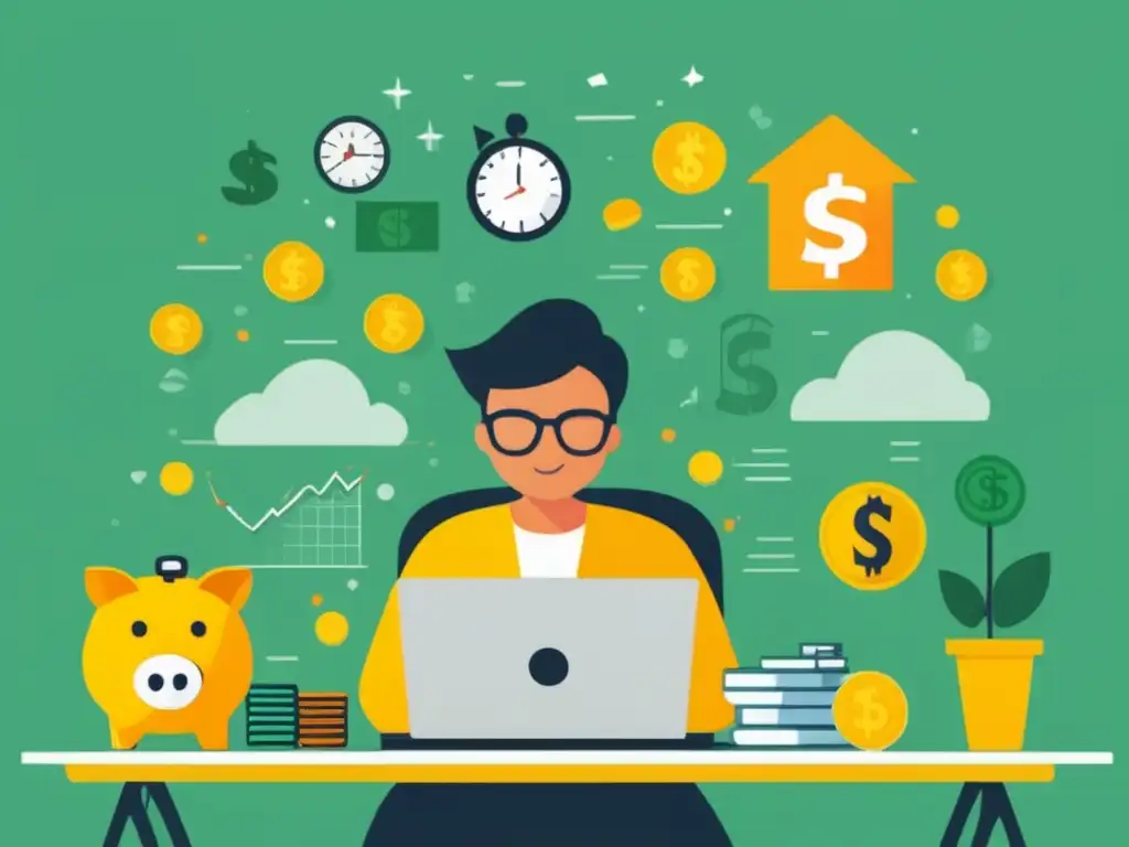 Freelancer en oficina: símbolos de libertad financiera Freelancer en hogar limpio y luminoso, rodeado de símbolos de libertad financiera: alcancemos #libertadfinanciera para freelancers
