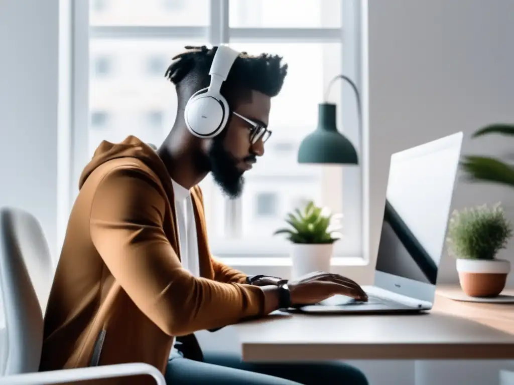 Freelancer trabajando en espacio minimalista Freelancer trabajando en un escritorio moderno y organizado, evocando profesionalismo, productividad y beneficios de financiar tu negocio freelance