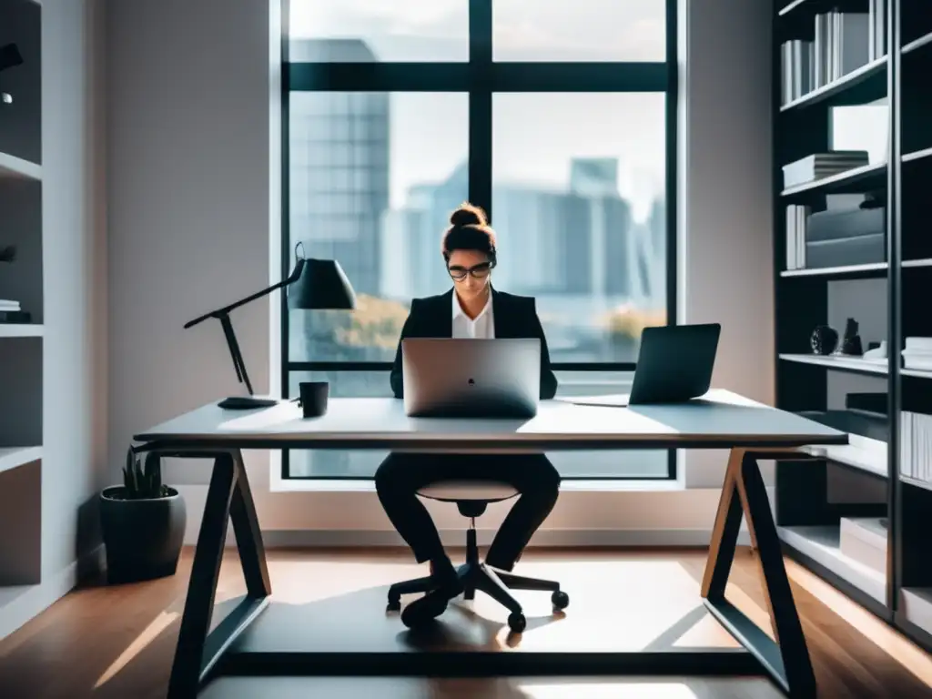 Espacio de trabajo minimalista para freelancers Freelancer en oficina moderna con estrategias financieras