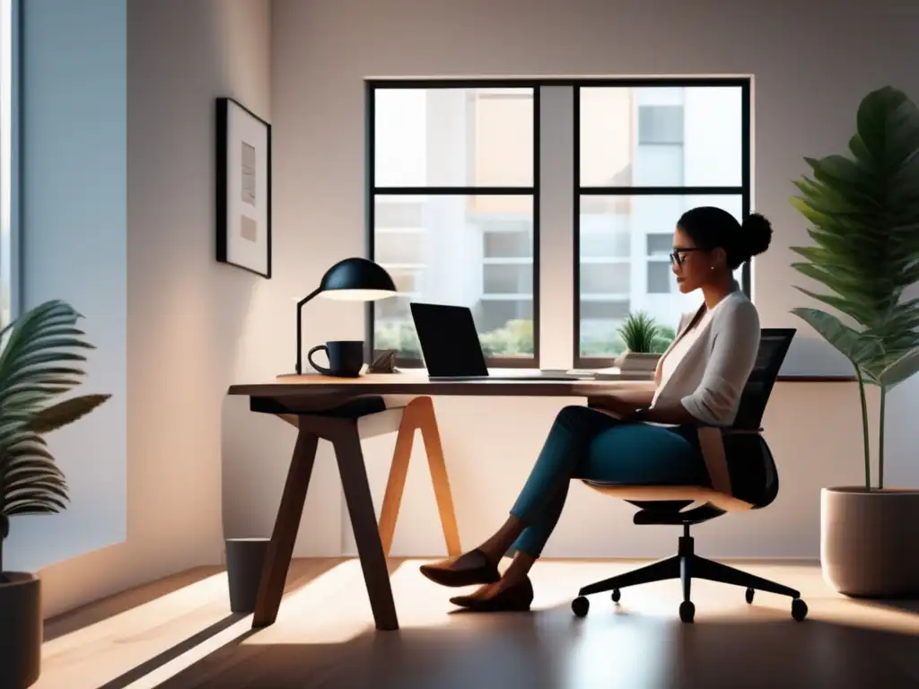 Trabajo en casa: oficina minimalista Imagen de oficina en casa con estilo minimalista, ideal para freelancers que buscan estrategias de ahorro