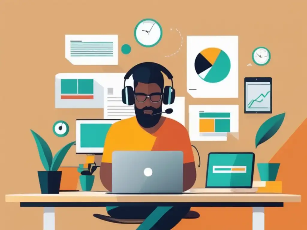 Freelancer en oficina moderna y ordenada Freelancer productivo en elegante oficina con dispositivos tecnológicos - créditos para freelancers