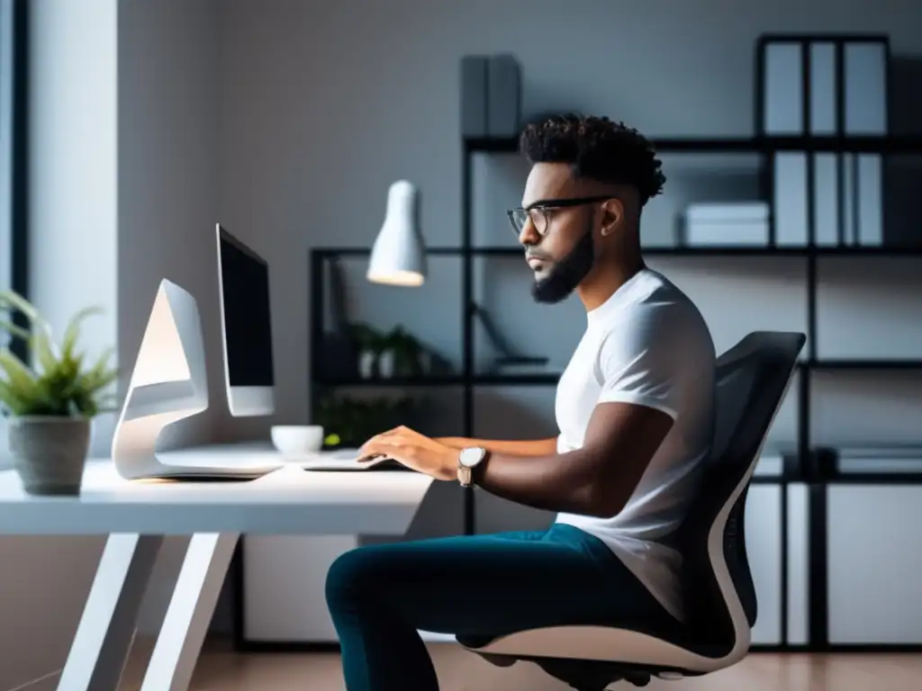 Freelancer en oficina minimalista Freelancer trabajando en escritorio minimalista, transmitiendo tranquilidad y los beneficios de financiar un negocio freelance