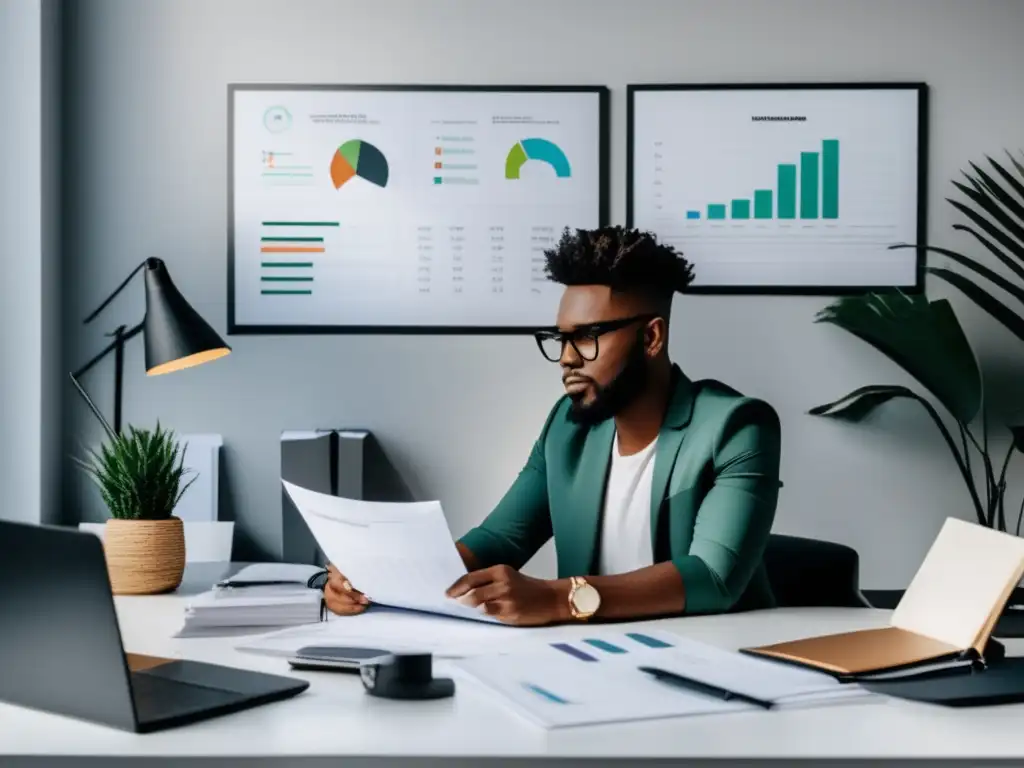 Estrategias financieras para freelancers en EE Freelancer en oficina con estrategias financieras en mercado estadounidense