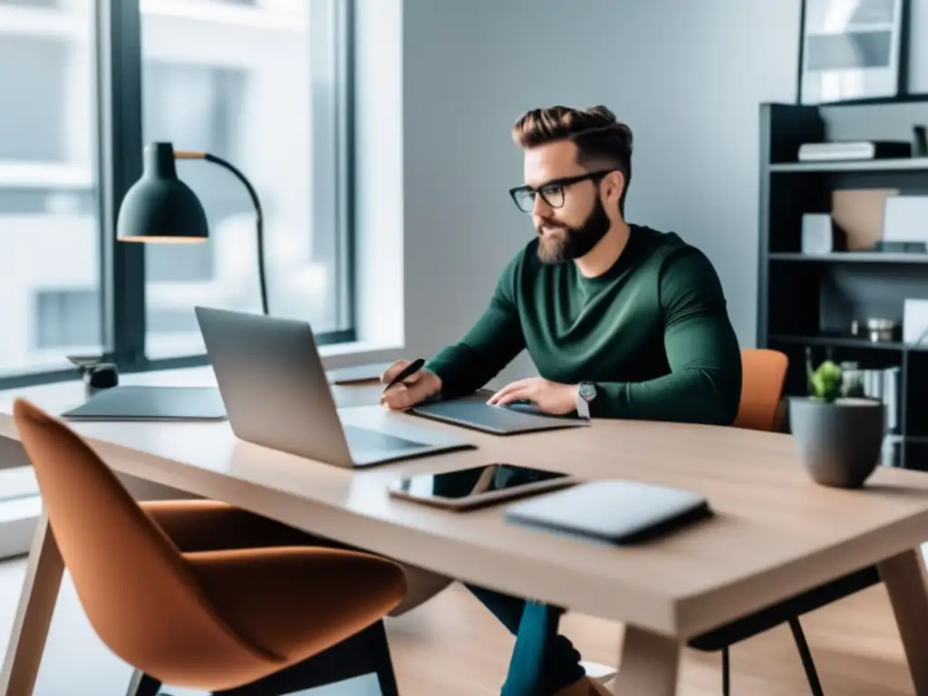 Oficina minimalista de freelancer Freelancer en escritorio moderno con estrategias financieras para freelancers