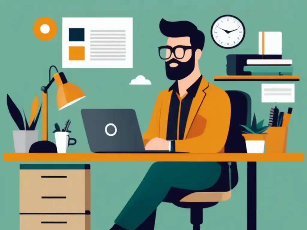Espacio de trabajo freelance profesional Freelancer en espacio de trabajo organizado con elementos simbolizando diversas profesiones freelance