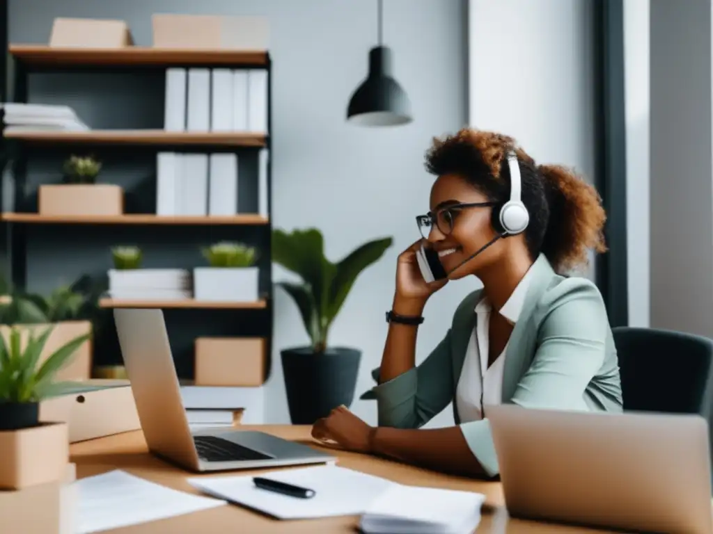 Freelancer en oficina organizada con cliente Freelancer en oficina gestionando financieramente