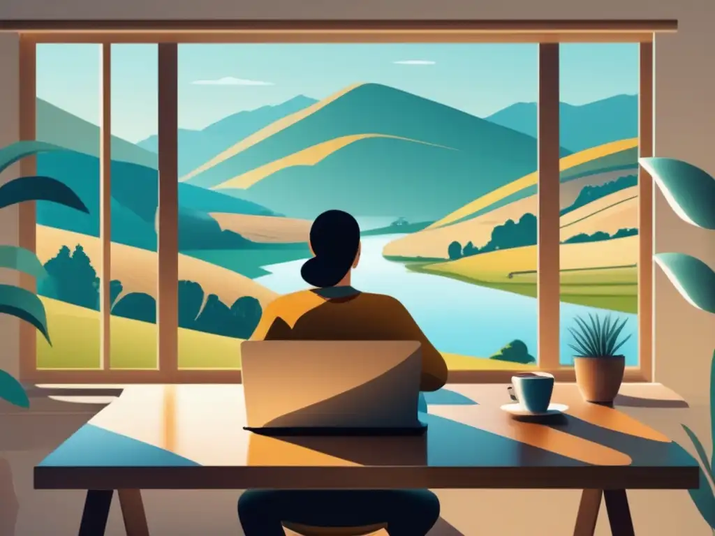 Freelancer en paisaje sereno trabajando en laptop Freelancer trabajando en laptop con paisaje relajante mostrando gráfica de crecimiento financiero - jubilación financiera segura freelancers