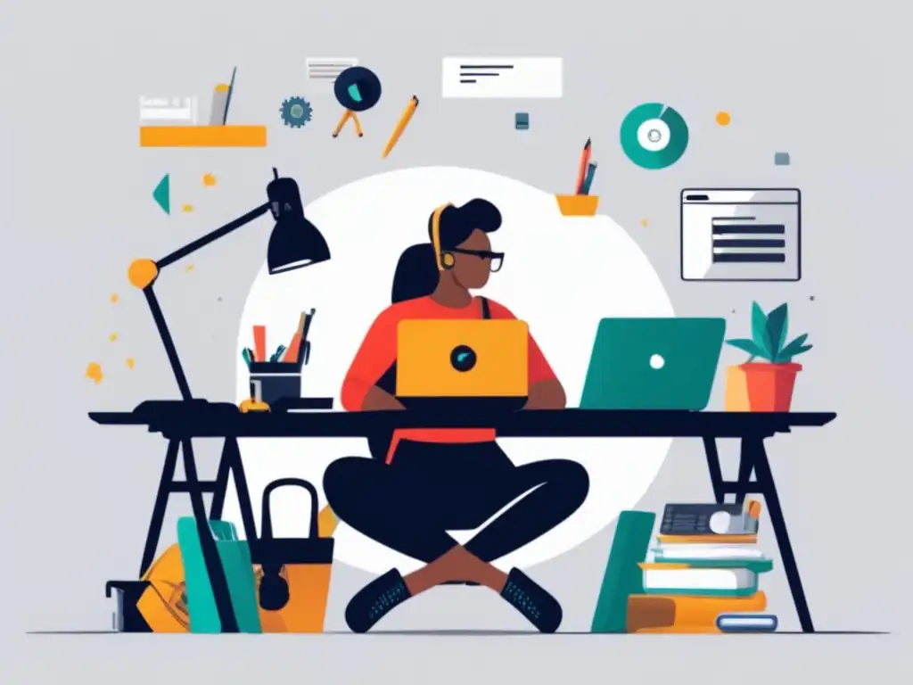 Freelancer pensando en tarifas Freelancer pensando en fijar tarifas, rodeado de herramientas y objetos que representan distintas profesiones freelance