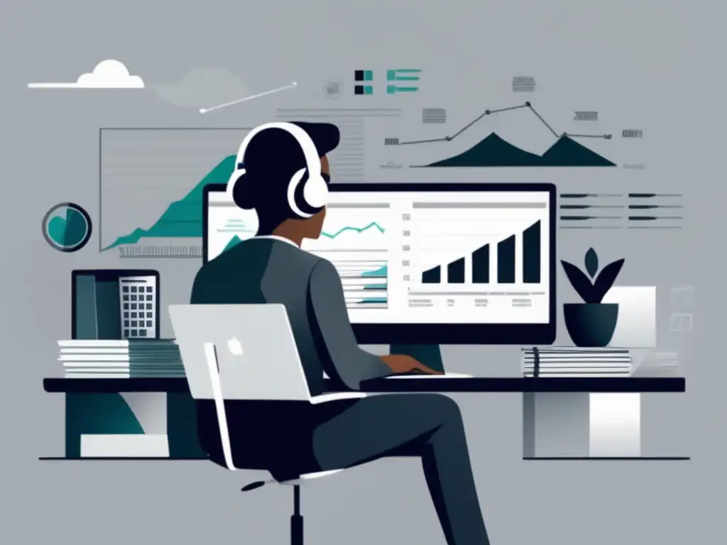 Freelancer productivo en un escritorio con papeleo y gráficos financieros Freelancer en escritorio con papeles y gráficos financieros, gestion tributaria para freelancers