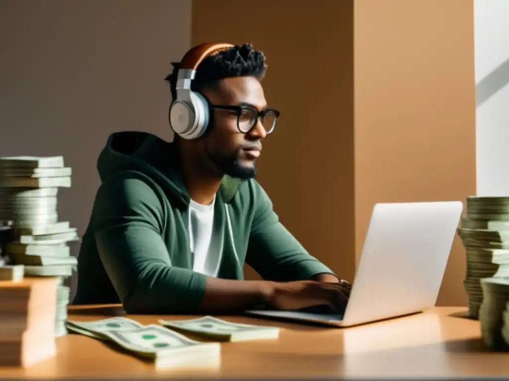 Freelancer enfocado en trabajo y dinero Imagen minimalista: freelancer trabajando en escritorio con laptop, café y dinero