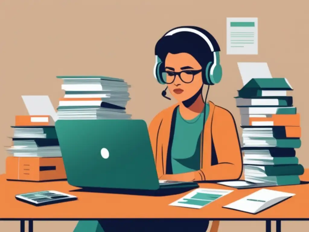 Freelancer inmerso en el trabajo Ilustración minimalista de un freelancer en su escritorio rodeado de papeles y una laptop, con audífonos y expresión enfocada en su trabajo