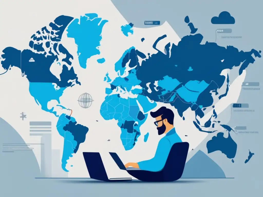 Freelancer en escritorio moderno con mapa económico Estrategias financieras para freelancers en un entorno económico cambiante