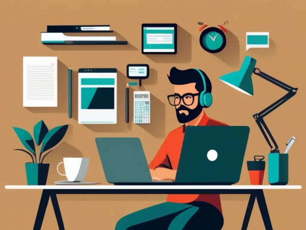 Freelancer productivo, enfocado y organizado Freelancer generando ingresos pasivos en escritorio moderno