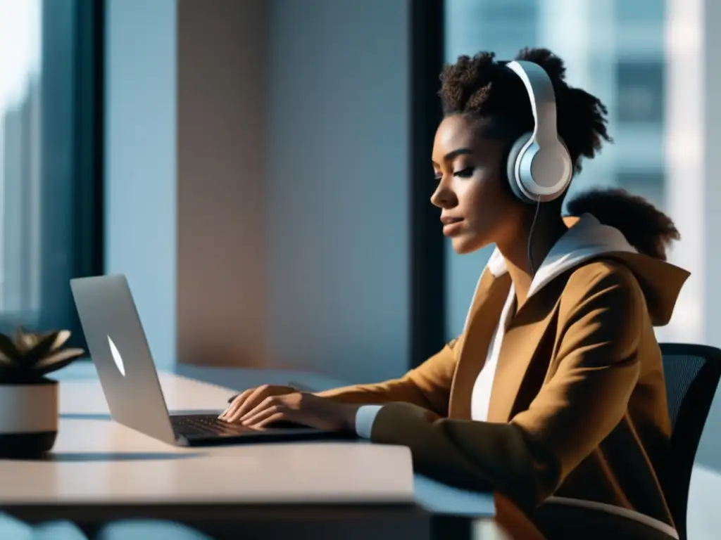 Freelancer trabajando en un escritorio moderno Opciones crédito freelancers: escritorio minimalista, profesionalismo y productividad